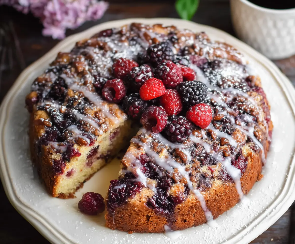 Delicious spring coffee cake topped with fresh berries and powdered sugar, perfect for breakfast or brunch.