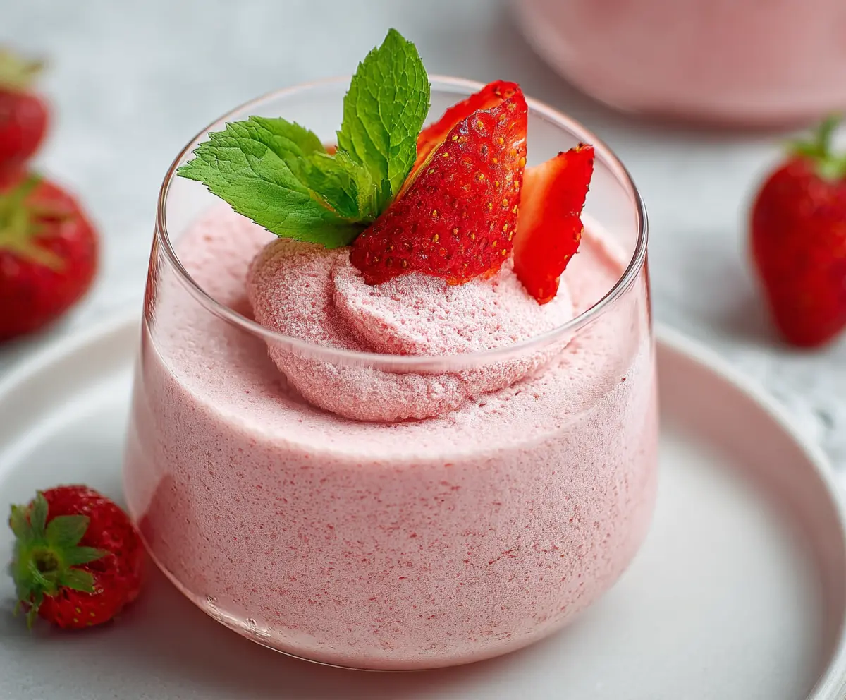Creamy strawberry mousse in a glass bowl, garnished with fresh strawberries and mint leaves.