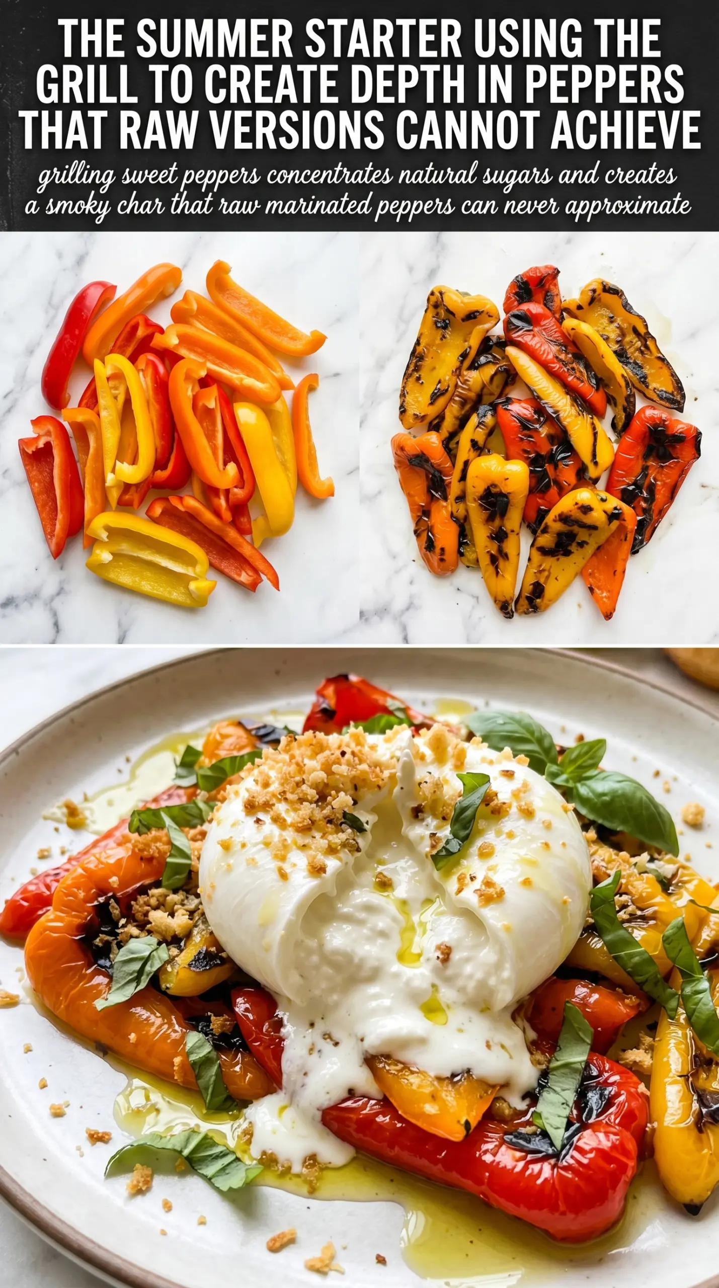 Grilled Marinated Peppers with Burrata and Breadcrumbs charred creamy crunchy