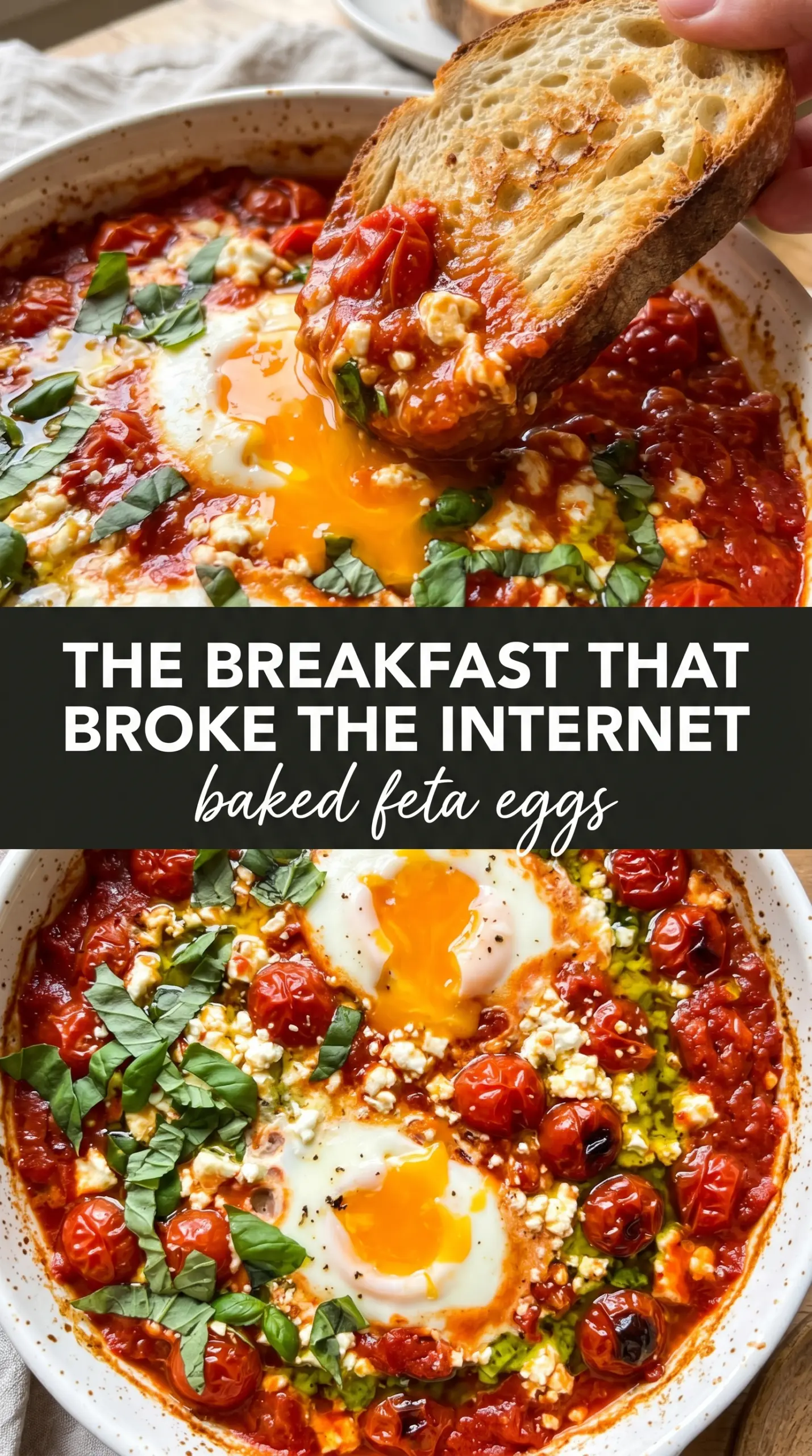 Baked Feta Eggs with tomatoes and runny yolks