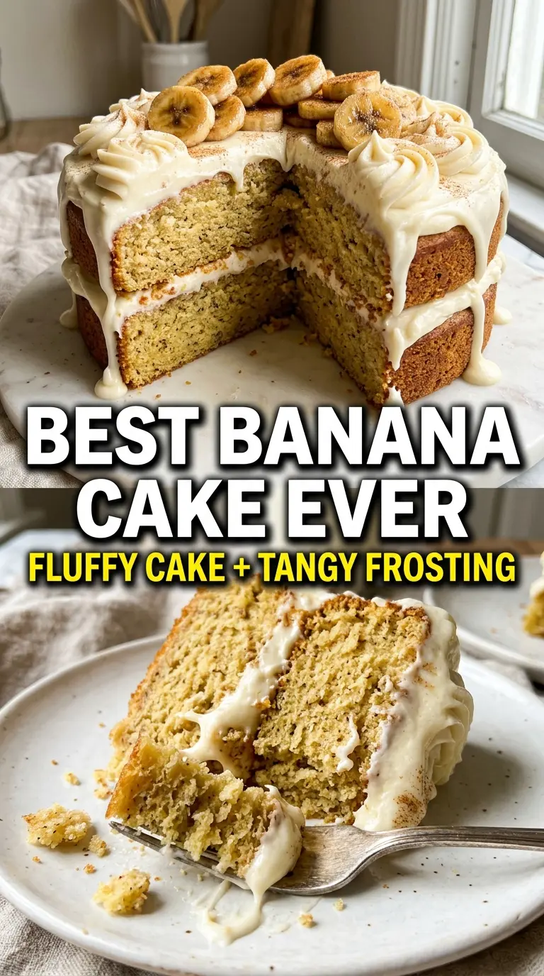 Banana cake with cream cheese frosting, moist, tangy, frosted