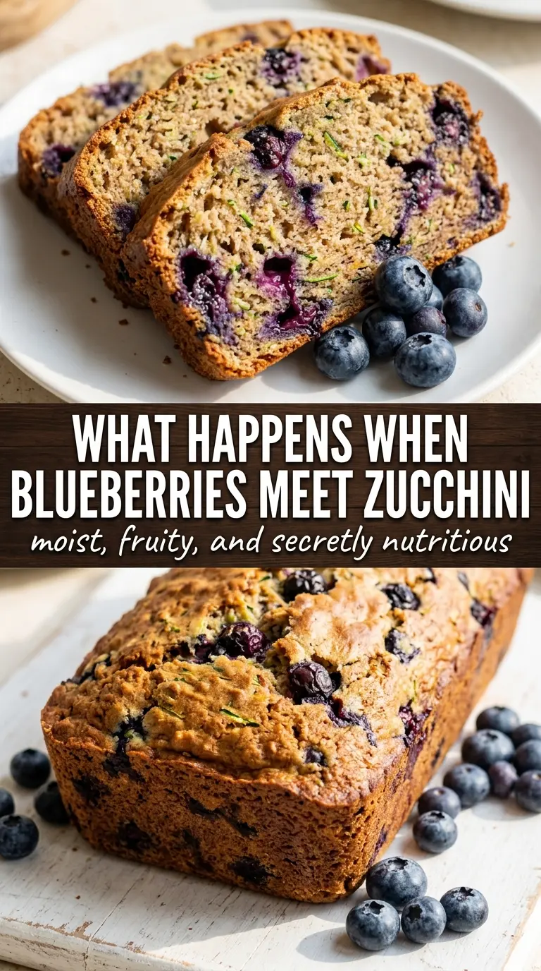Blueberry Zucchini Bread with burst blueberries, golden crumb