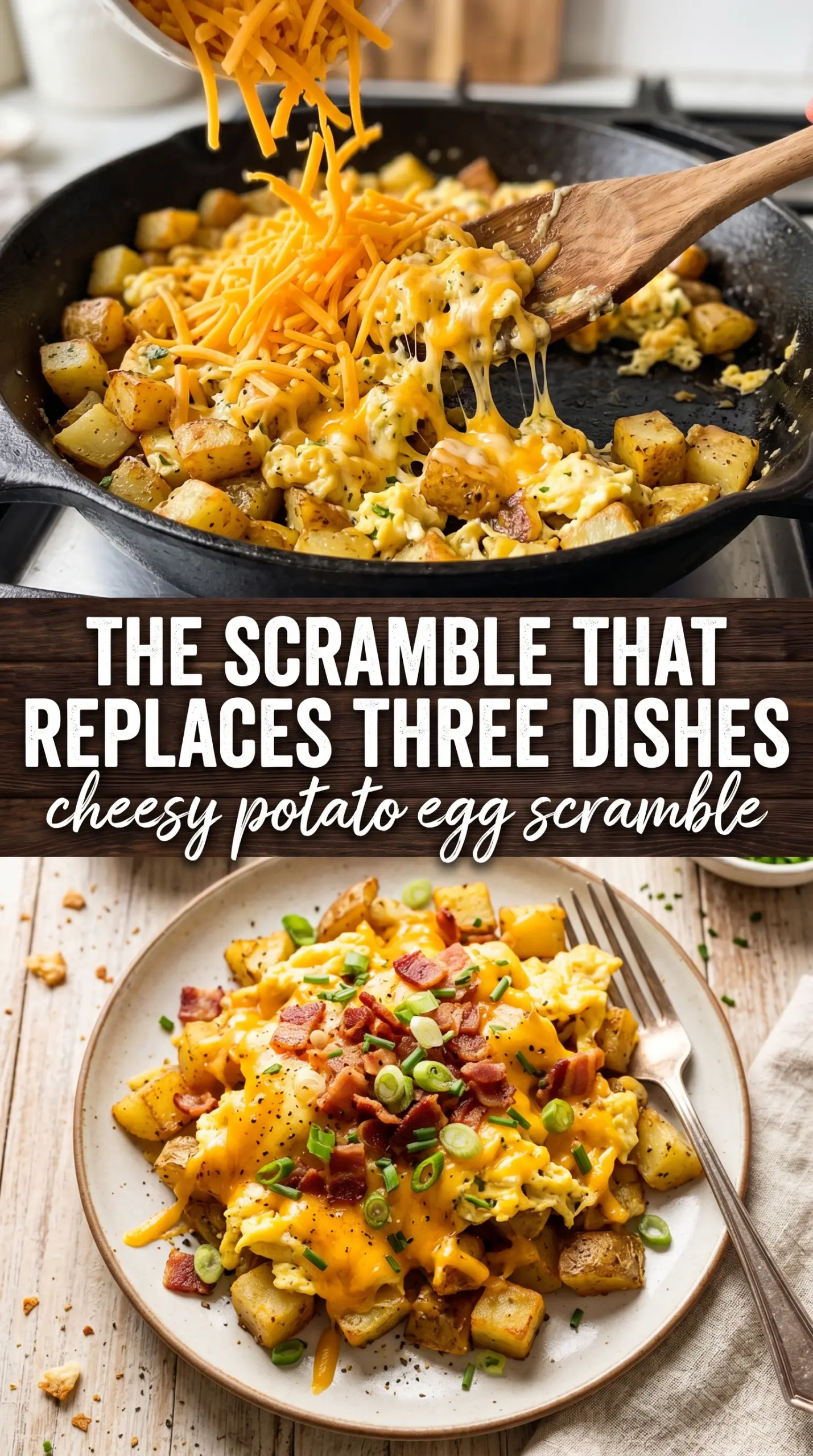 Cheesy Potato Egg Scramble golden crispy potatoes fluffy eggs cheddar