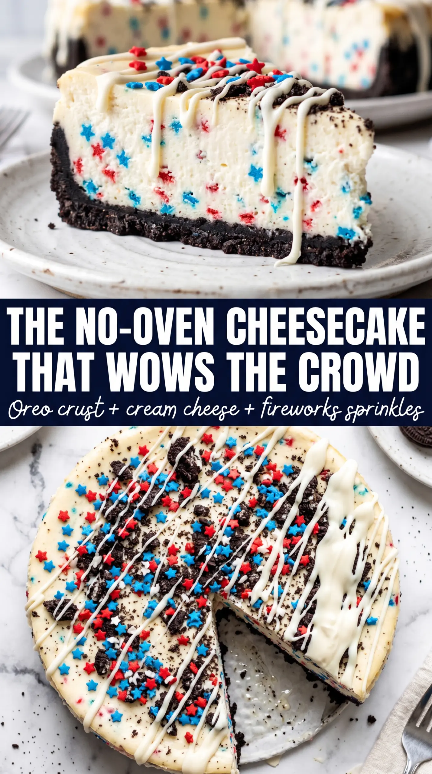 No-Bake Fireworks Oreo Cheesecake creamy festive