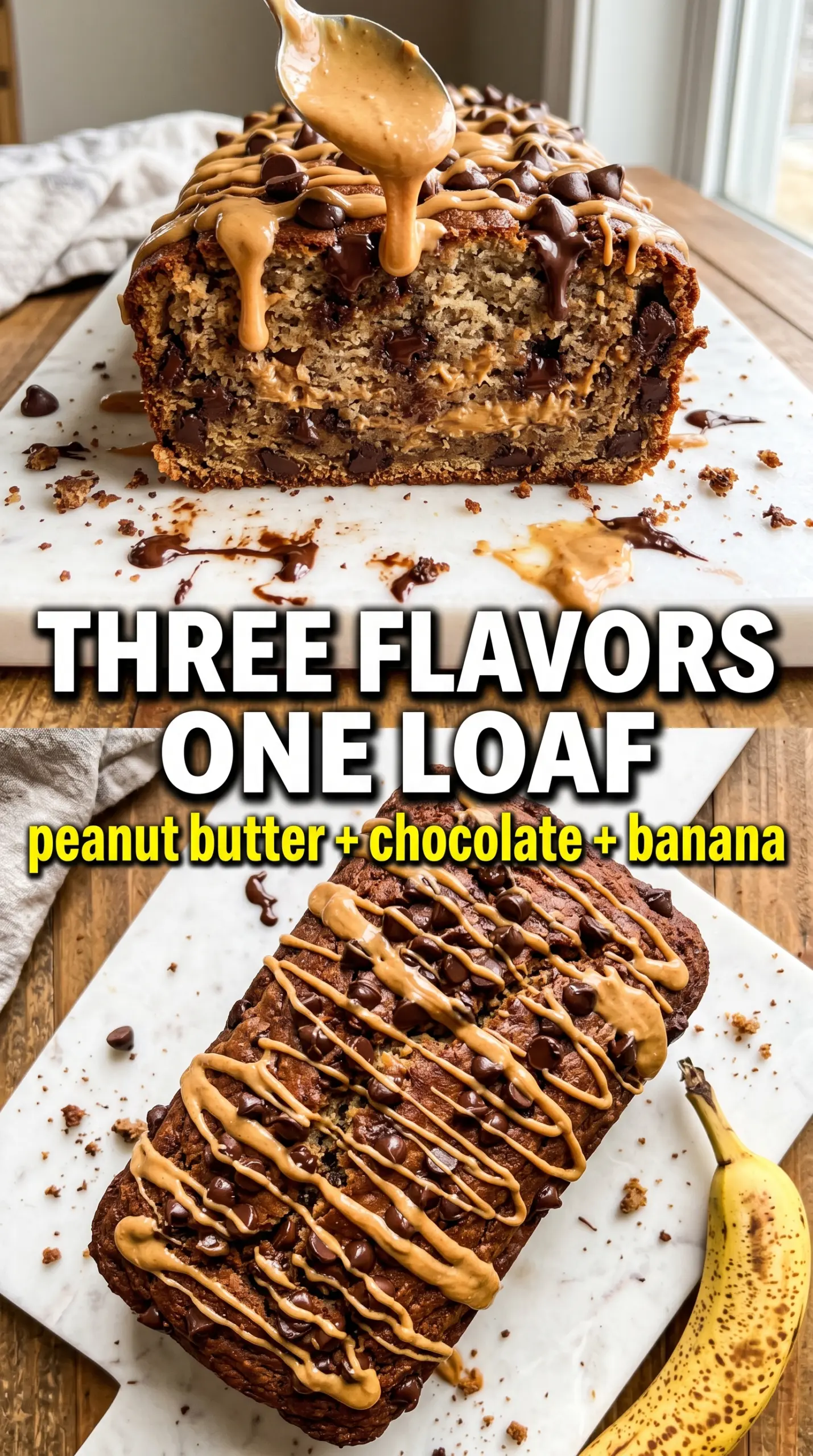Peanut Butter Chocolate Chip Banana Bread with peanut butter swirl and chocolate chips