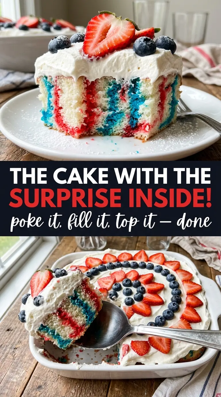 Red, White and Blue Poke Cake with strawberry blueberry, patriotic stripes
