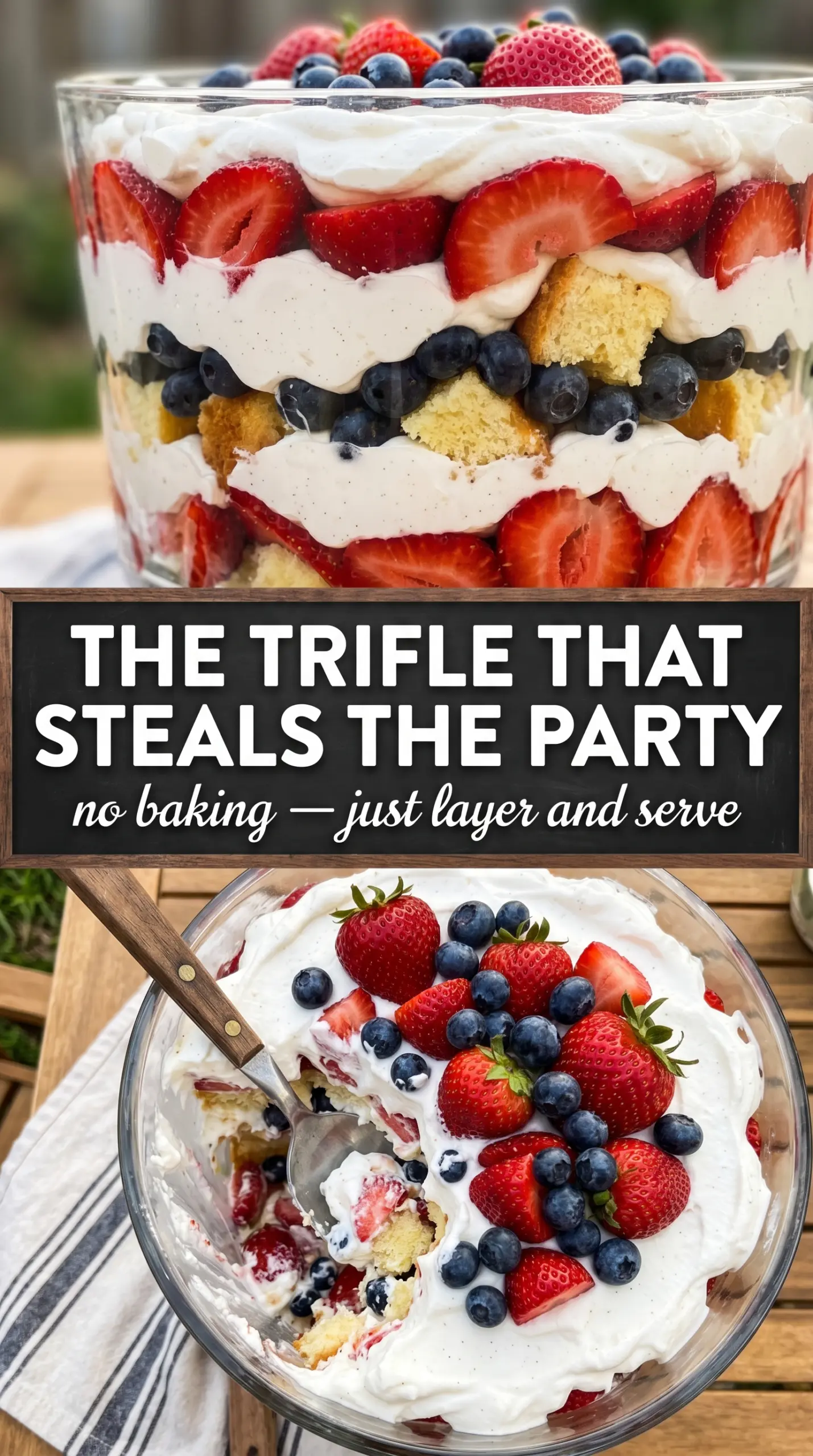 Red, White and Blueberry Trifle layered dessert, fresh and creamy