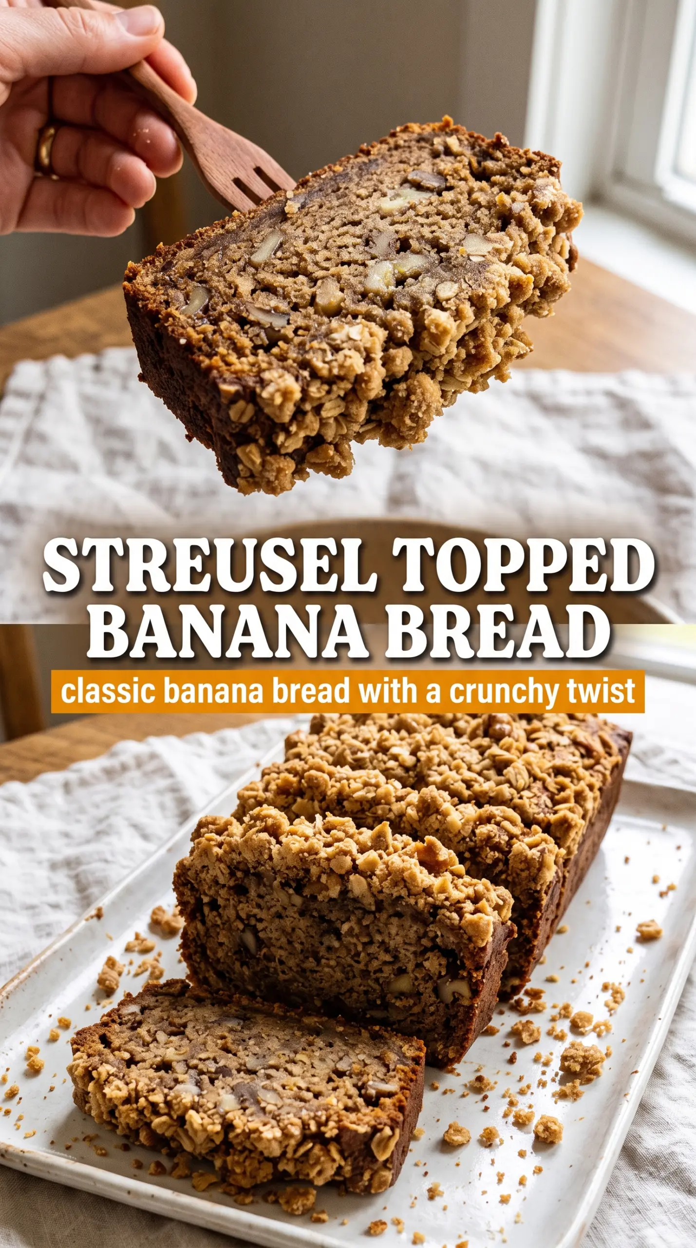 Banana Bread with Streusel Topping, crunchy cinnamon, moist loaf