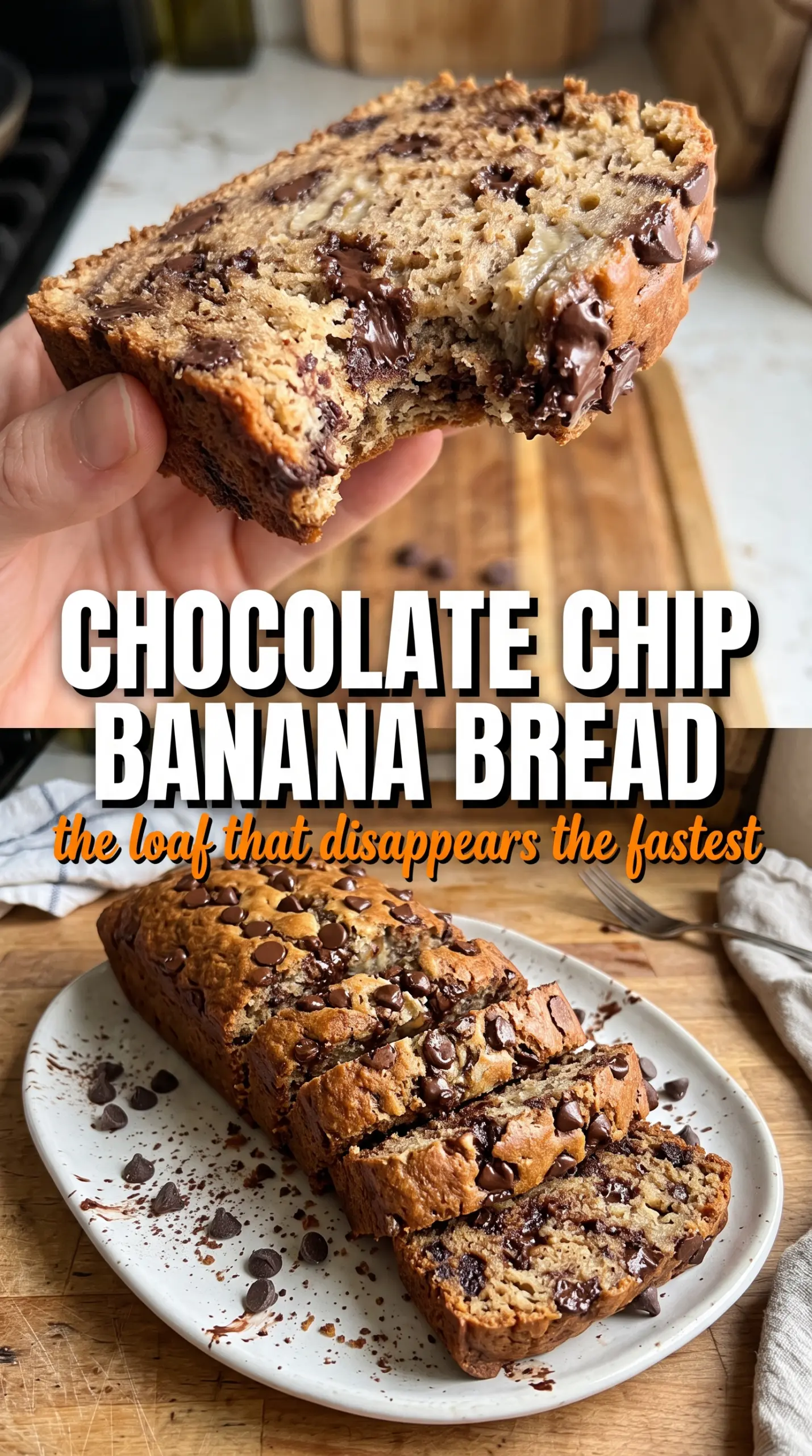 Chocolate Chip Banana Bread golden crumb, melted chocolate, moist loaf
