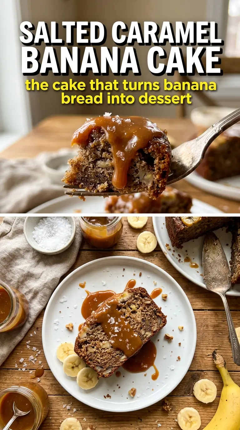 Salted Caramel Banana Cake with caramel drizzle, creamy frosting, flaky sea salt