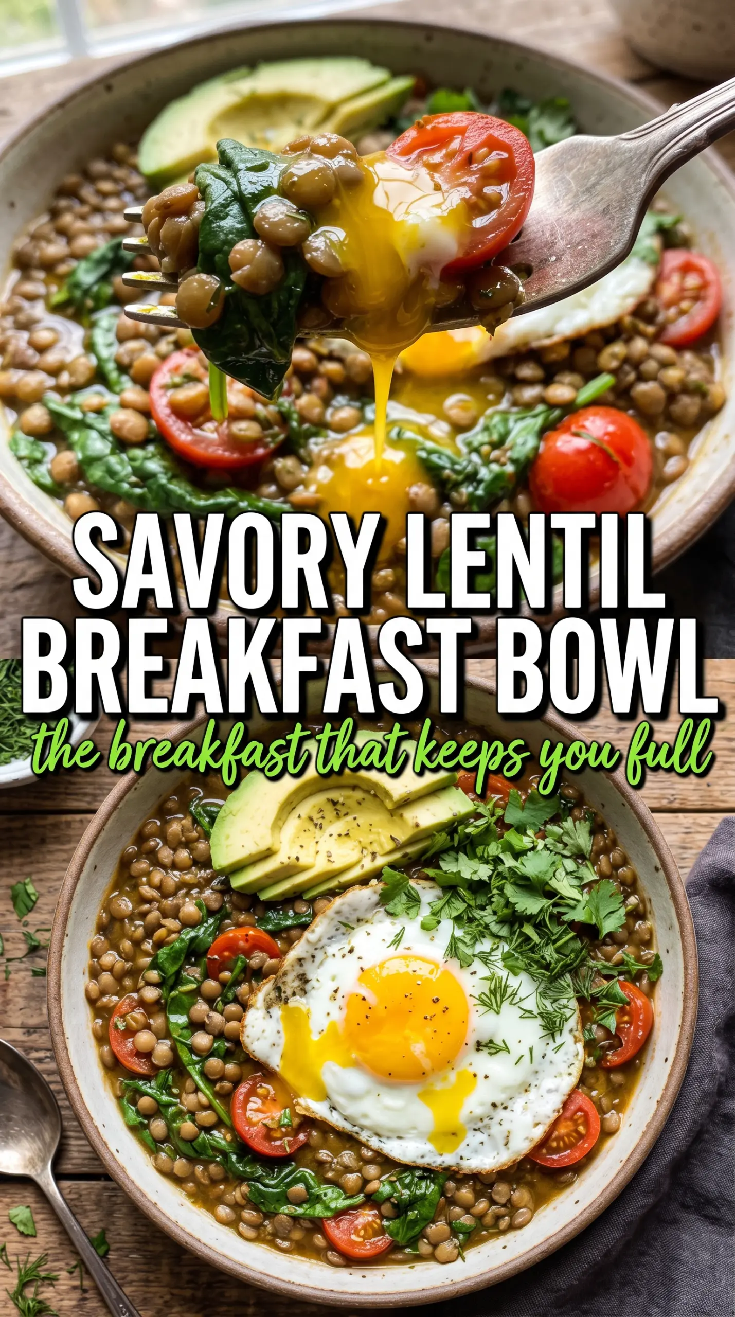 Savory Lentil Breakfast Bowl with poached egg, roasted tomatoes, herbs