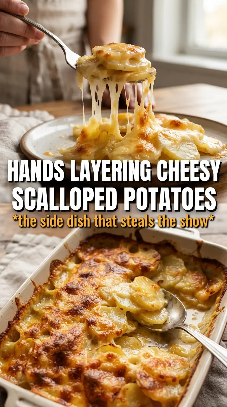 Cheesy Scalloped Potatoes, creamy layered, golden