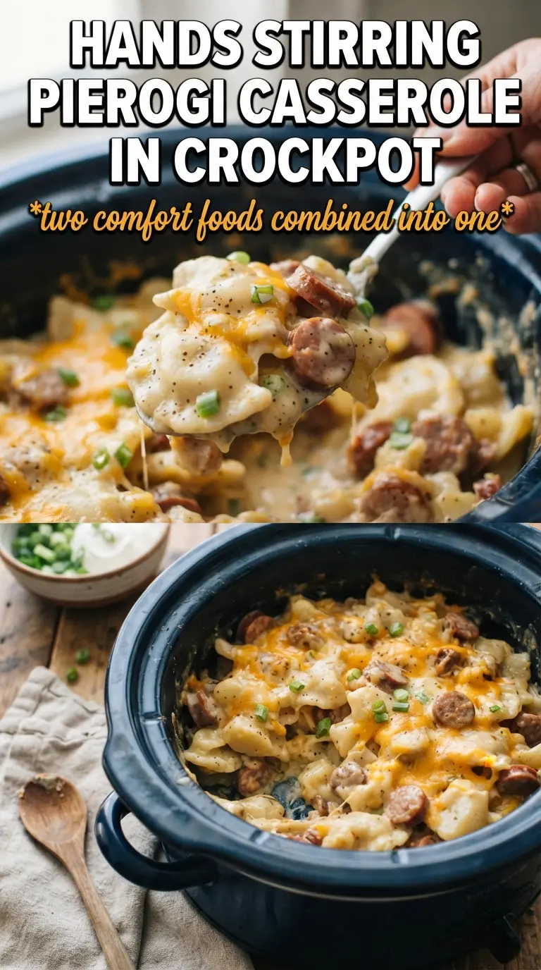 Crockpot Pierogi Casserole With Kielbasa cheesy creamy