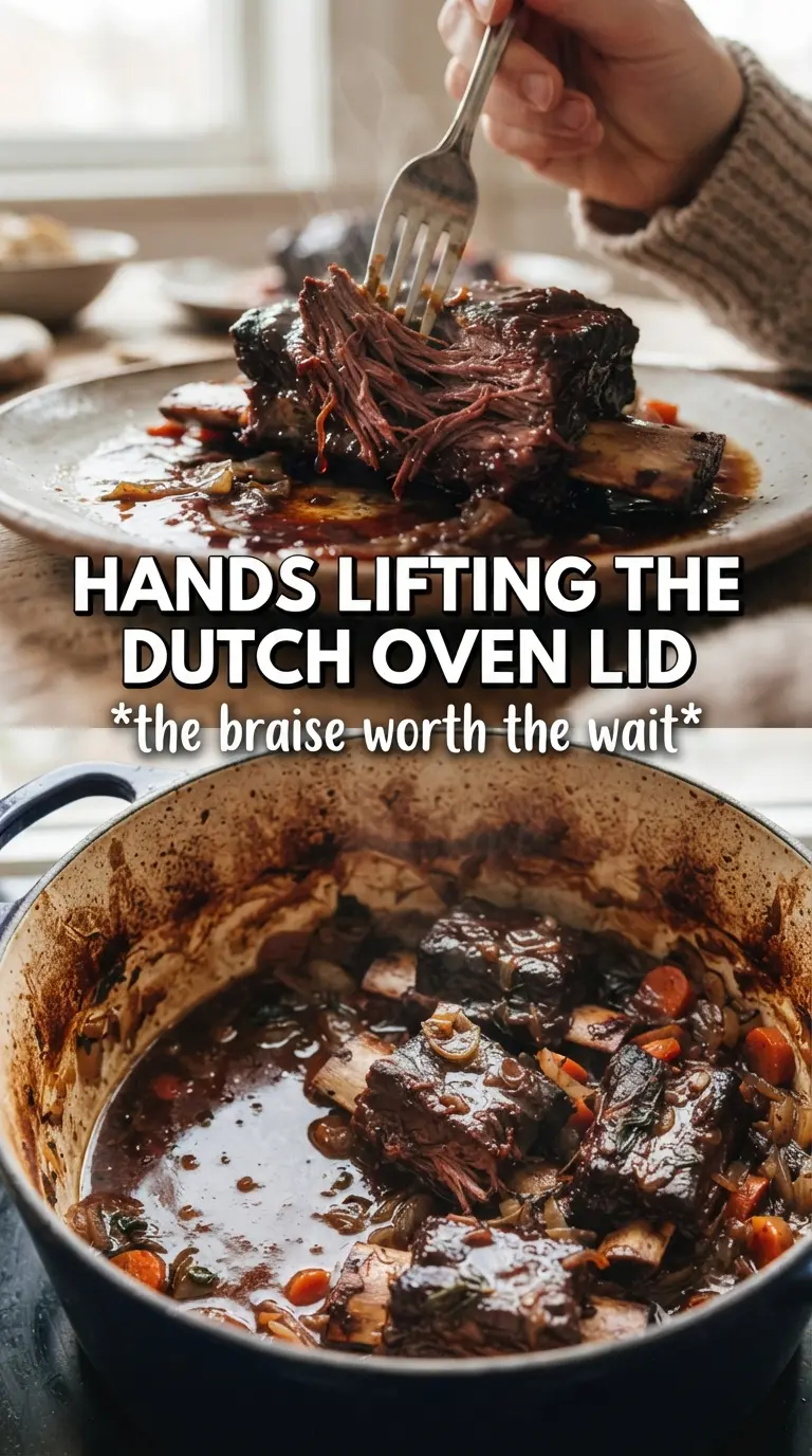 Red Wine Braised Short Ribs in Dutch Oven deep mahogany tender