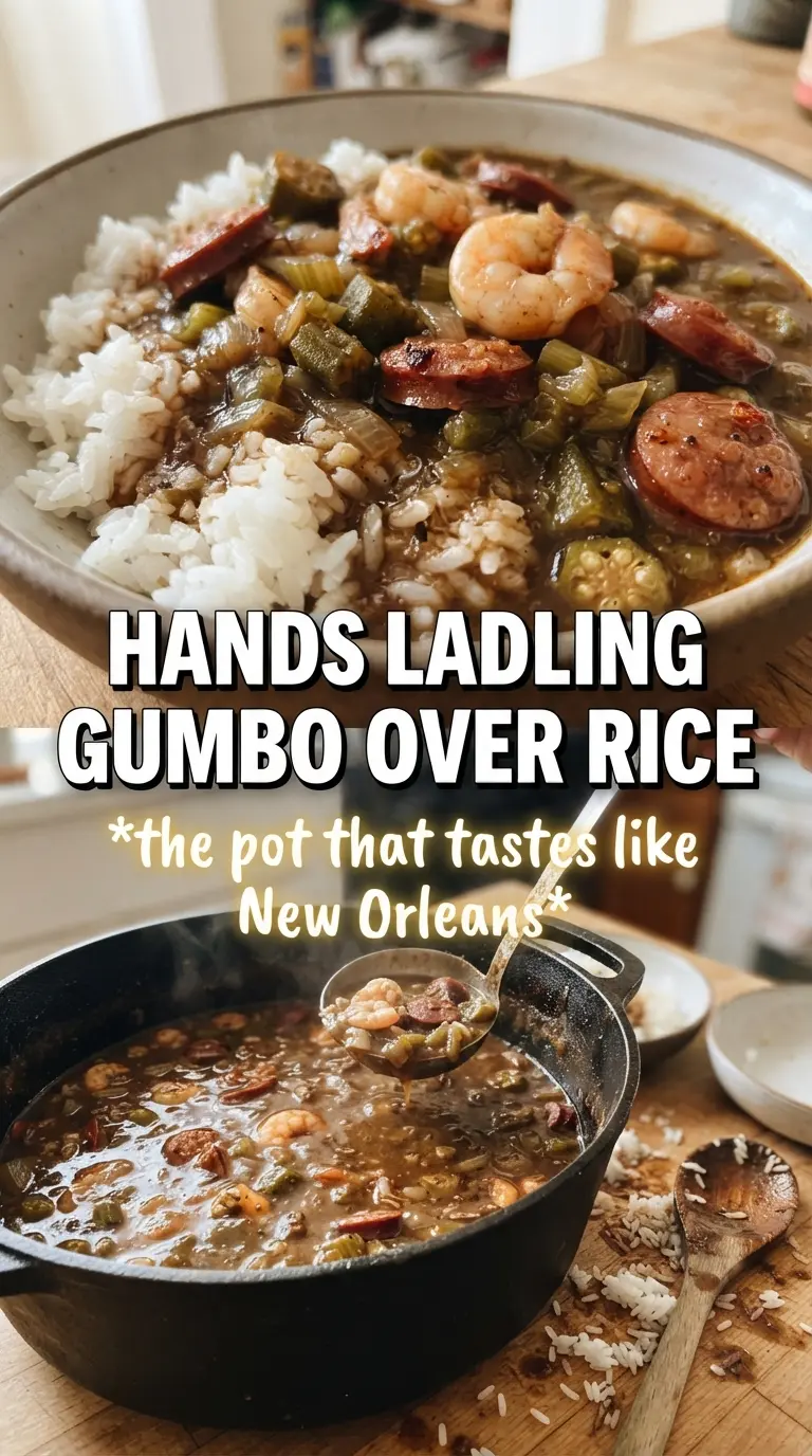 Shrimp and sausage gumbo dark roux okra andouille